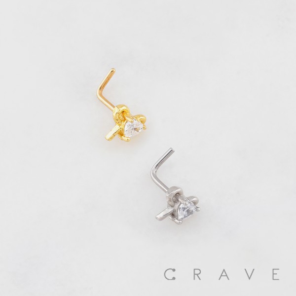 RIBBON HEART WITH BEZEL CZ 316L SURGICAL STEEL L-SHAPE NOSE RING